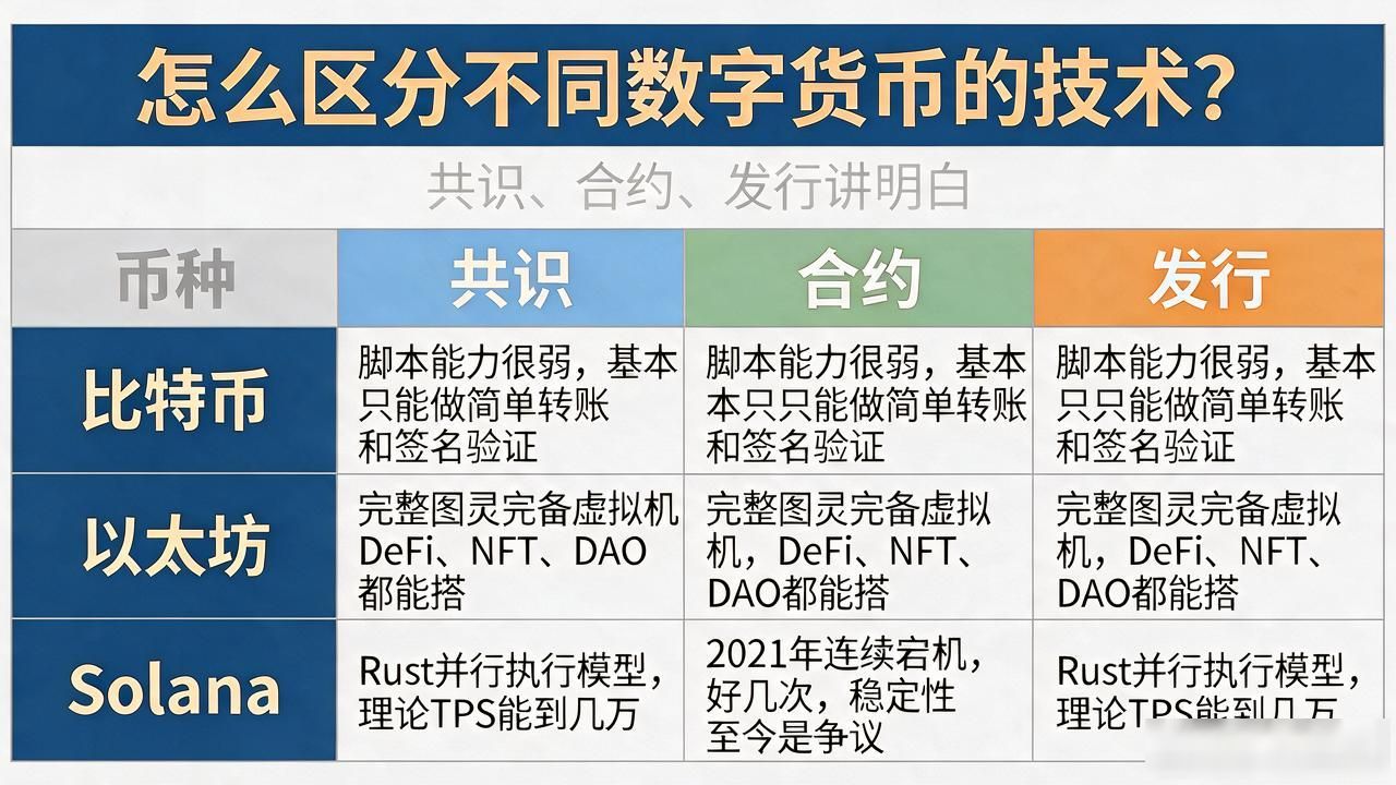 怎么区分不同数字货币的技术？共识、合约、发行讲明白