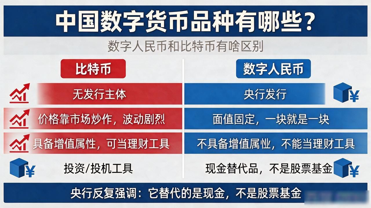 中国数字货币品种有哪些？数字人民币和比特币有啥区别